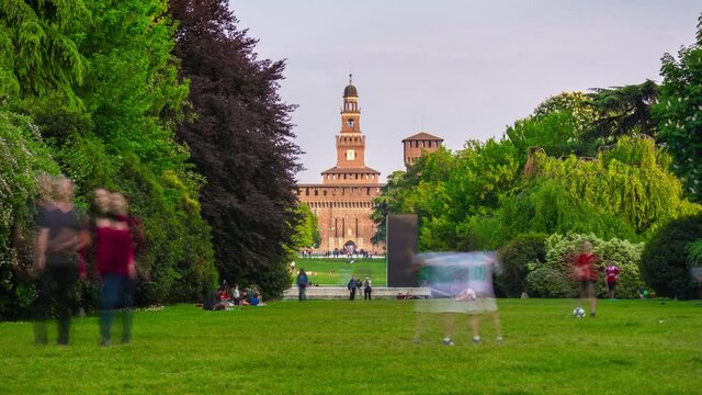 day light milan city famous park castle panorama 4k timelapse italy