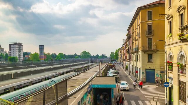 sunny day milan city train station railways rooftop panorama 4k timelapse italy 