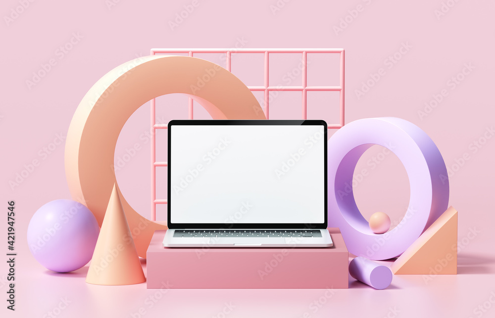 Poster minimal laptop computer front view with blank white screen. abstract geometric shapes isolated on pi