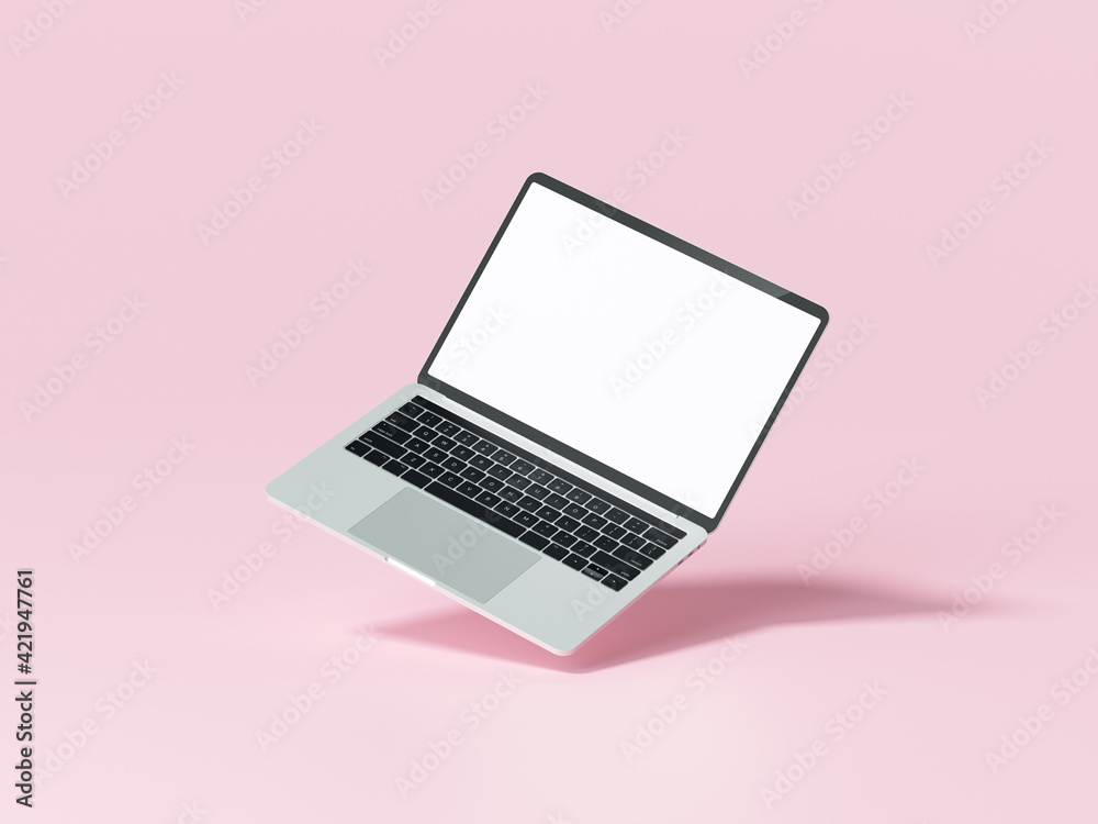 Fototapete laptop computer front view with blank white screen isolated on pink background. 3d render illustrati