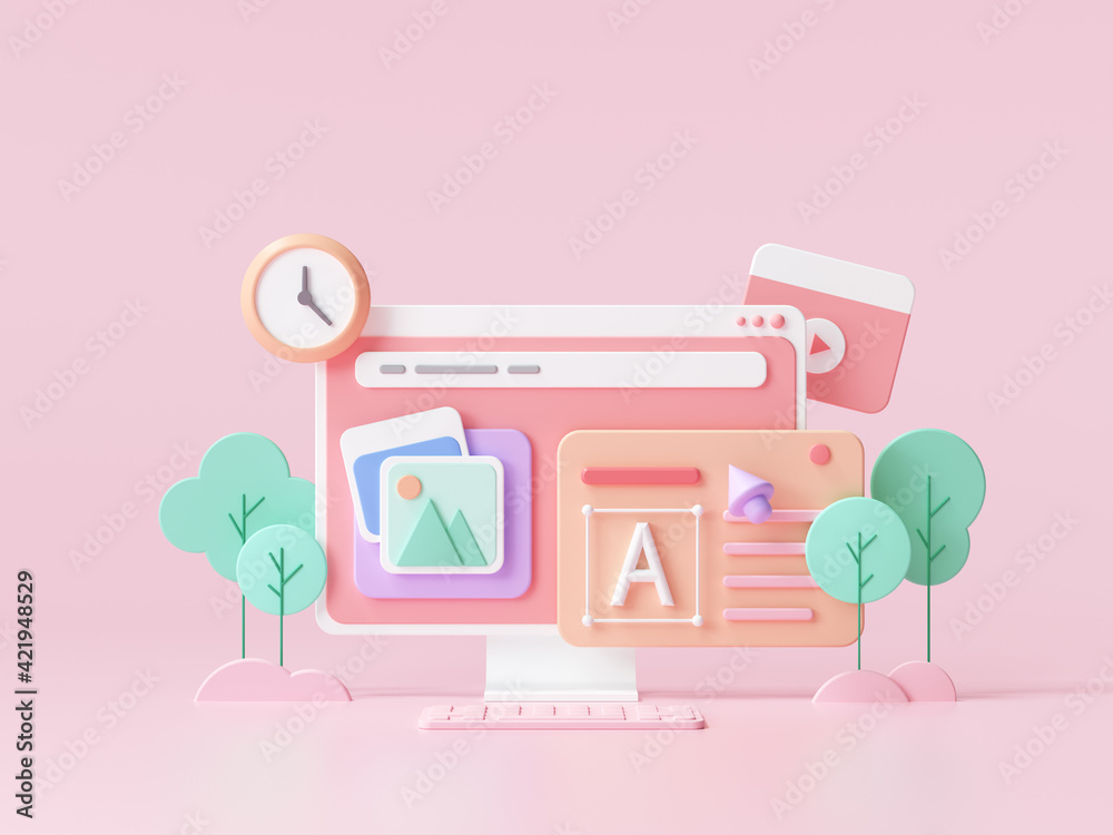 Poster web ui-ux design, web development concept. web building and seo optimization marketing. 3d render il
