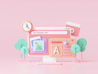 Web UI-UX design, web development concept. web building and SEO optimization marketing. 3d render illustration