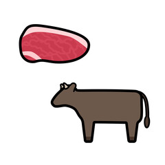 シンプルでかわいい肉牛と牛肉のイラストセット