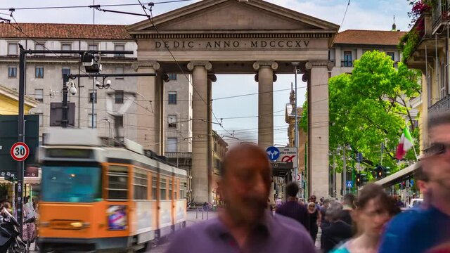sunny day milan city famous traffic street porta ticinese panorama 4k timelapse italy
