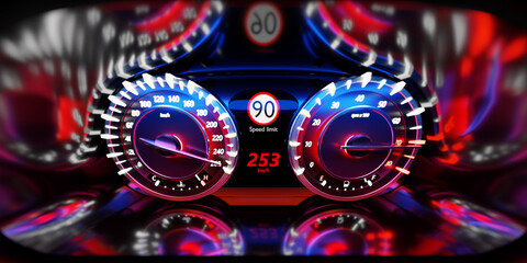 3D illustration close up black car panel, digital bright speedometer in sport style. The speedometer needle shows a maximum speed of 260 km / h