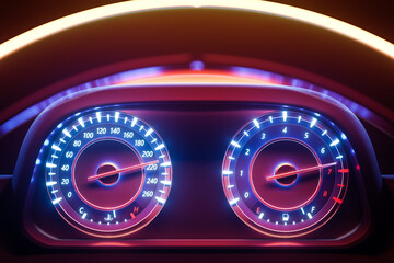 3D illustration of the close up Instrument automobile panel with odometer, speedometer, tachometer under pink neon lights