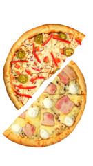 Pizza, two halves isolated on a white background. Versus concept. Appetizing pizza.