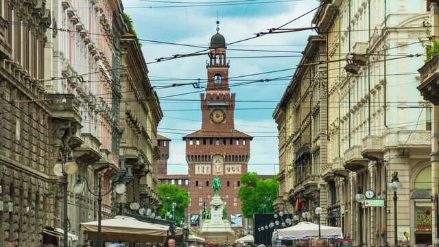 milan city day light famous pedestrian street panorama 4k timelapse italy