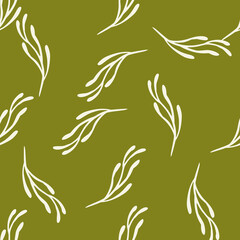White random branches seamless doodle pattern in hand drawn style. Green olive background. Simple style.