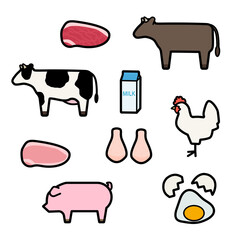 シンプルでかわいい家畜と畜産物のイラストセット