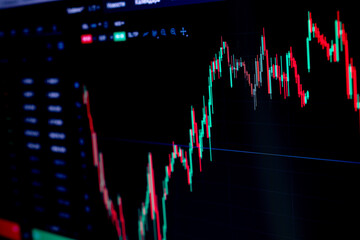 Stock market graph. Graphics growth forex finance market on tablet screen. Financial chart, stock analysis data for business background. Investment and economic concept.
