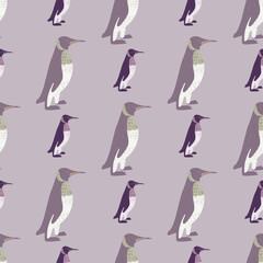Fototapeta premium Pastel tones animal doodle seamless pattern with penguin ornament. Pale purple ornament. Doodle backdrop.