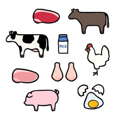 シンプルでかわいい家畜と畜産物のイラストセット 手書き風