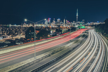 Auckland woads at night with light trails