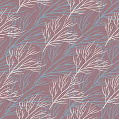 Obraz premium Abstract seamless doodle pattern with contoured tree branches silhouettes print. Pale pink background.