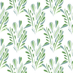 Isolated seamless pattern with green colored abstract foliage print. White background. Botanic backdrop.