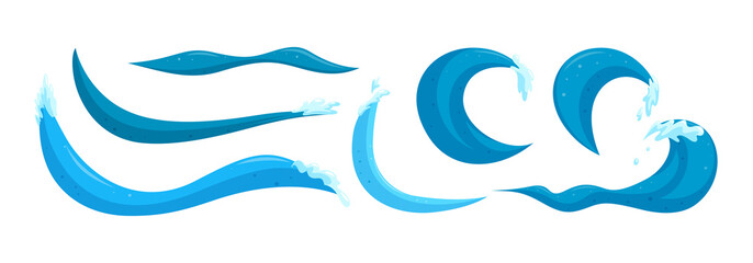 Ocean waves clip art set. Rippling waves elements isolated on white background. Cartoon vector illustration