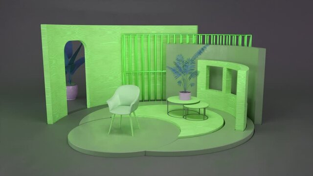 Abstract 3D layout of a green hall or lobby interior with walls, floor, , furniture, and plants. Animation. Concept of graphic design and architecture.