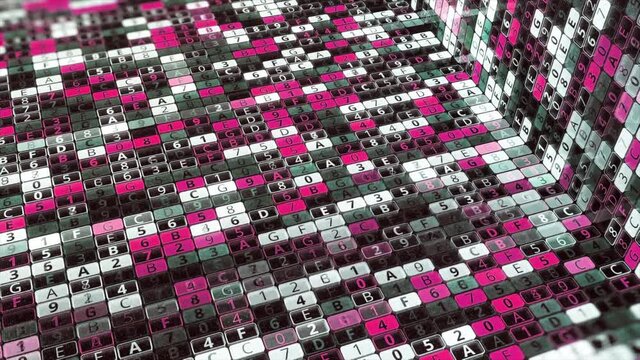 Bright glowing computer symbols appear on a grid of futuristic big data background. Animation. Information and technology concept, seamless loop.
