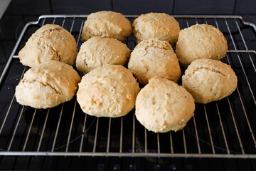 Homemade bread rolls on an oven rack.