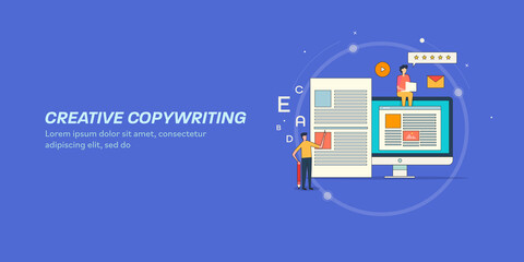 Content writing and development team working on brand message, digital marketing and social media publication. Freelance, blogger, article copywriting concept, web banner. - obrazy, fototapety, plakaty
