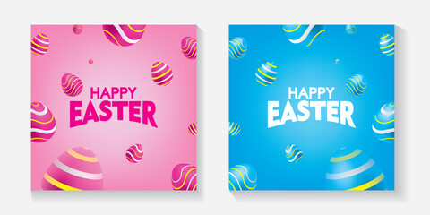Blue and Pink Happy Easter Card with Colorful Eggs. Falling Easter Eggs background Vector illustration.