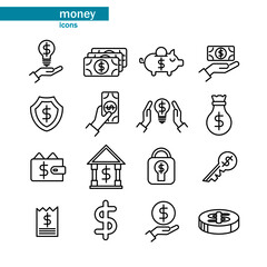 Vector icons related to money and finance, are safe, piggy, shield, money in hand, bag, lamp with dollar sign, padlock, strong house, bank, key, wallet and coin. Editable stroke