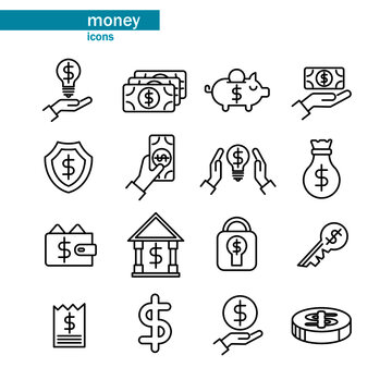 Vector icons related to money and finance, are safe, piggy, shield, money in hand, bag, lamp with dollar sign, padlock, strong house, bank, key, wallet and coin. Editable stroke