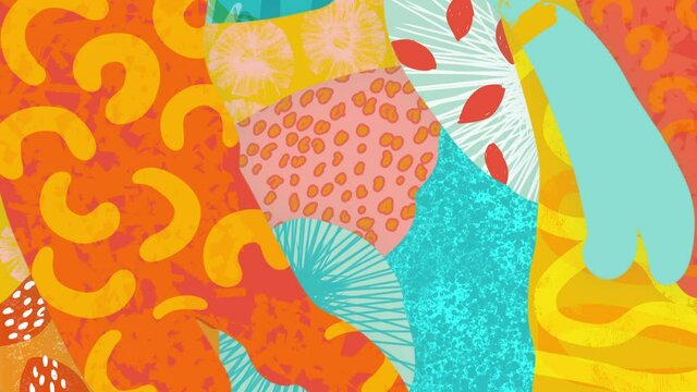 90s style abstract background loop. Hand drawn colorful shapes and scribbles. Animated painting, captured from digital brush strokes. Yellow, red, green. Fun trendy retro 90's animation.