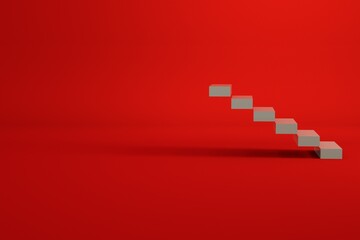 3D model of a staircase made of white tiles. Stairs in an empty space. Computer graphics. Isolated objects on a red background.