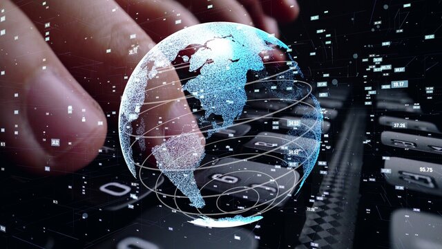 Man working on computer with graphic of mathematics coding modernization showing concept computer software development and programming science .