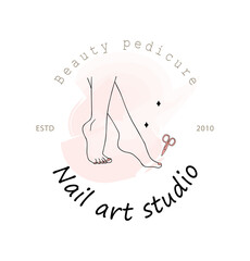 Nail art studio logo template. Pedicure icon. Modern design for beauty center, spa salon, manicure bar. Linear vector illustration with pink watercolor splash.