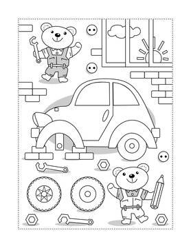 Coloring page or activity sheet for kids with bear mechanics repairing the car
