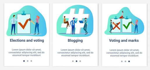Modern flat illustrations in the form of a slider for web design. A set of UI and UX interfaces for the user interface.Topic Blogging, voting, and ratings.