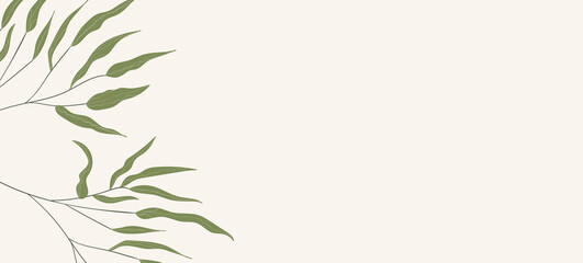 Floral web banner with drawn color exotic leaves. Nature concept design. Modern floral compositions with summer branches. Vector illustration on the theme of ecology, natura, environment