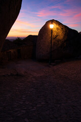 Monsanto lamp, one of the oldest villages in Portugal. Street lights, rock houses in the street.