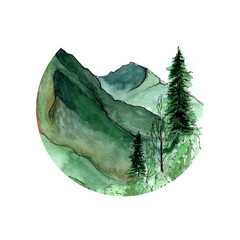Landscape illustration with mountains. Mountains of the Caucasus, Sochi.
 Watercolor hand drawn illustration isolated on white background. Poster, postcard.