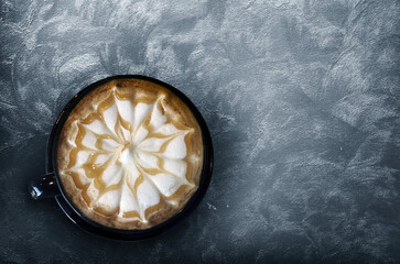 top view coffee latte art on hot drink cappucinno coffe ceramic cup