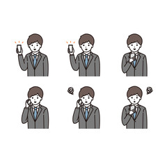 スマートフォンを持つスーツ姿の若い男性 表情セット