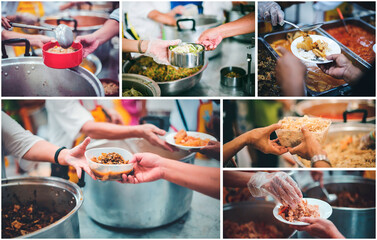 Food Donation Concept: Homeless hands get free food from volunteers