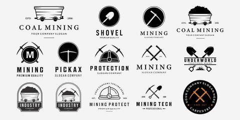 Set Bundle Mining Vintage Line Art Logo, Illustration Mine Cart Pickaxe Helmet Shovel Vector Design