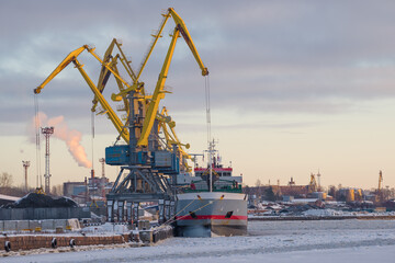 Fototapeta na wymiar February evening in the port of Vyborg. Leningrad region. Russia