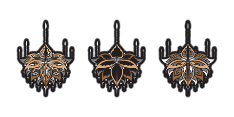 Fototapeta premium Set of colored lotus flower, yoga or zen decorative element in boho style. Lotus or water lily shapes, graphic elements in black on white background, Indian modern decorations. Vector illustration.