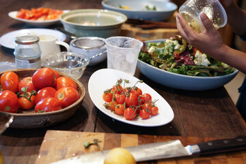 woman preparing cooking making vegetable salad