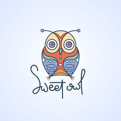 Sweet owl logo. Doodel isolated emblem design. Kids education symbol
