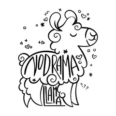 No Drama Llama. Cute curly alpaca with lettering. Vector illustration for coloring pages, children prints and publications