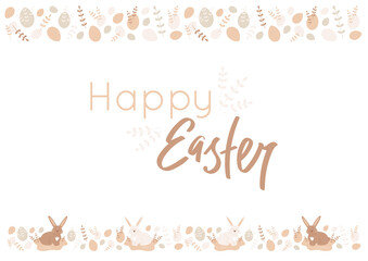 Happy Easter horizontal banner, card with text and pattern border with flat eggs and branches. Cute bunnies sitting on the abstract shape. Vector illustration isolated on white background.