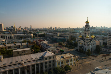 beautiful dawn over Yekaterinburg, streets in golden light