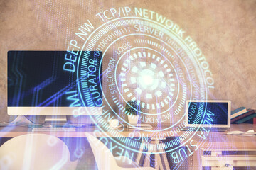 Fototapeta premium Multi exposure of data theme drawing and office interior background. Concept of technology.