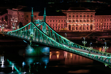 Obraz premium Budapest at night, Freedom Bridge on the Danube River, reflection of night lights on the water